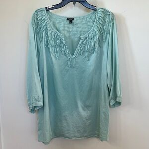 Talbots Green Cotton Blouse L Ruffle Neck 3/4 Sleeve Tunic Top Boho Chic